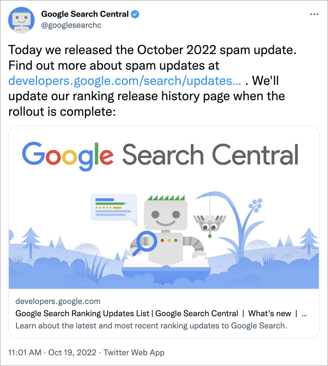 Google October 2022 Spam Announcement on Twitter